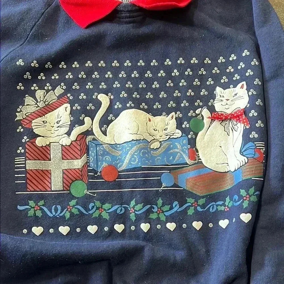 Vintage Navy Blue Cat-Themed ugly Xmas Sweater with Red Collar - Picture 2 of 2